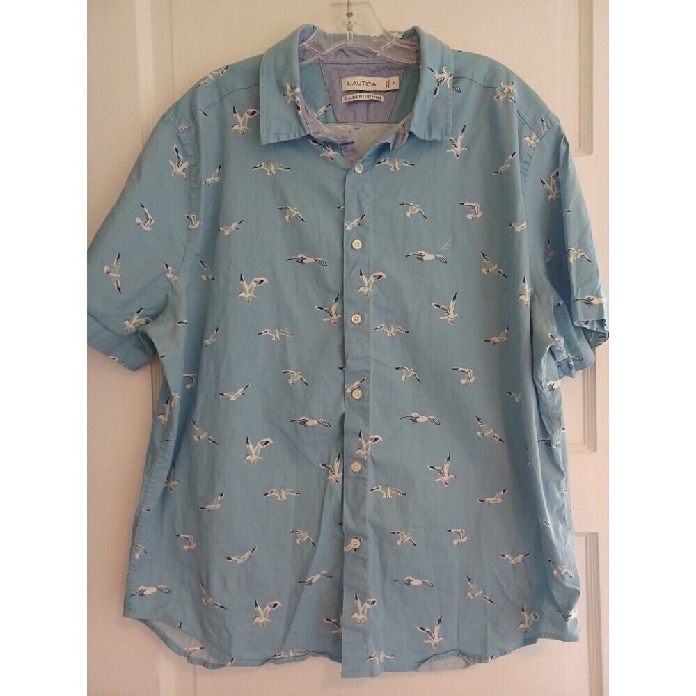 Nautica seagull cotton buttoned camp shirt mens XL short sl. coastal beach